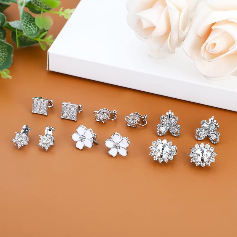 NEWITIN 12 Pairs Clip On Earrings for Women Cute Earring Crystal Pearl Stud Charming Fashion Earring Non Piercing Clip on Stud Earrings for Women - Image 3